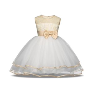 Girls' Ivory Lace and Tulle Tutu Dress with Champagne Satin Bow