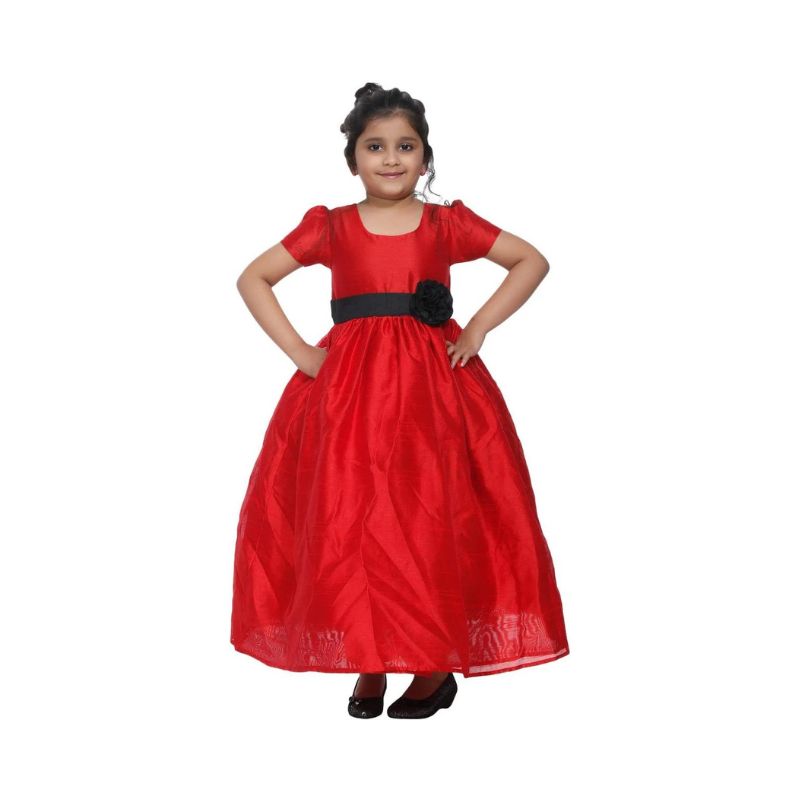 Girls' Vibrant Crimson Red Satin Party Dress with Black Flower Sash