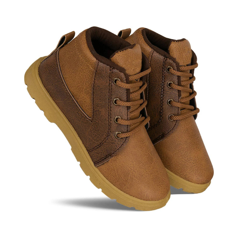 Boys' Classic Tan and Dark Brown Faux-Leather Mid-Top Boots