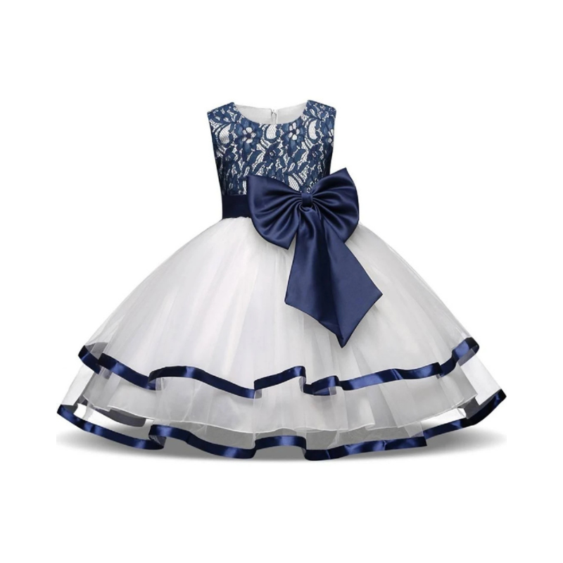 Girls' Navy Blue Lace and Tulle Communion Dress with Statement Bow