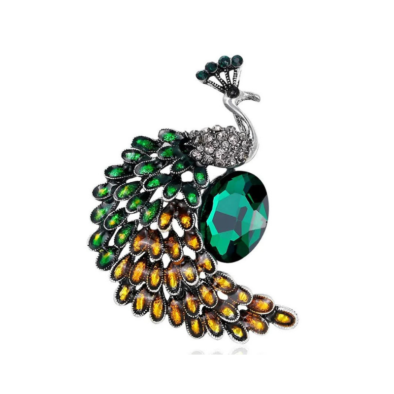 Majestic Crystal Peacock Brooch with Emerald Green Statement Stone