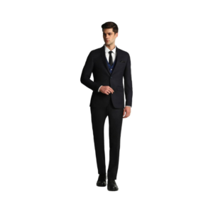 Men's Luxury Three-Piece Midnight Black Suit with Royal Blue Patterned Vest