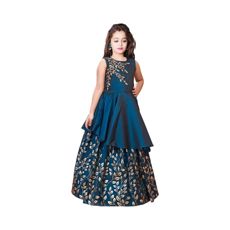 Girls' Teal Silk-Blend Lehenga Choli with Embroidered Gold Vine Trim