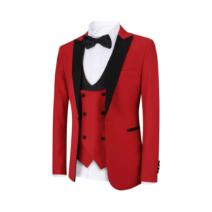 Men's Crimson Red Three-Piece Tuxedo Suit with Contrast Black Shawl Lapels