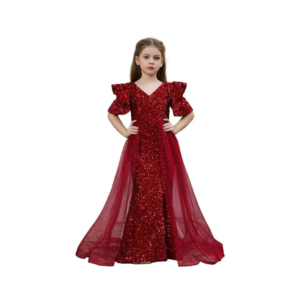 Girls' Crimson Red All-Over Sequin Formal Gown with Detachable Tulle Train