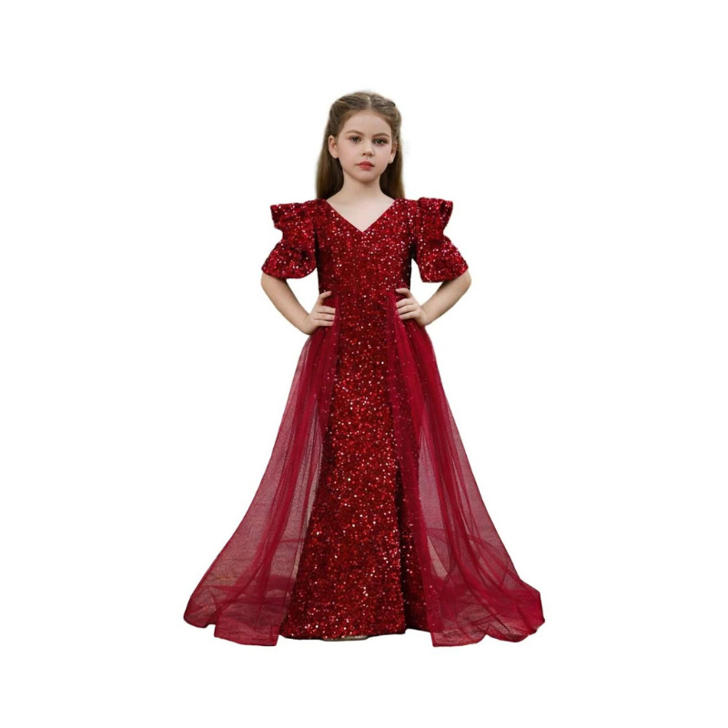Girls' Crimson Red All-Over Sequin Formal Gown with Detachable Tulle Train