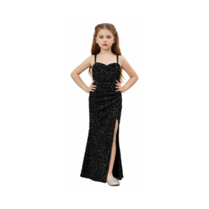 Girls' Midnight Black Glitter Column Gown with Side Slit
