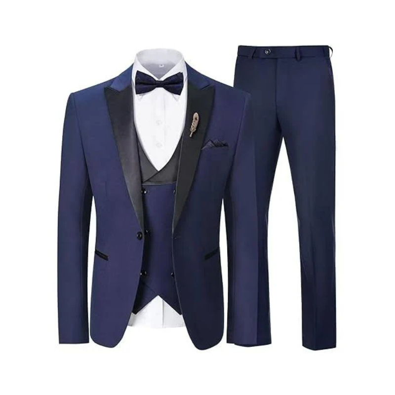 Men's Royal Navy Blue Three-Piece Tuxedo Set with Silk-Finish Accents