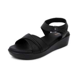 Women's Textured Black Cross-Strap Comfort Wedge Sandals