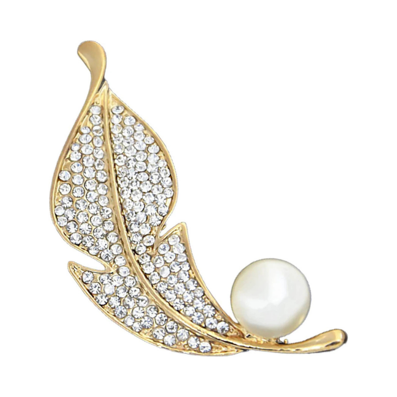 Elegant Gold-Tone Crystal Feather Brooch with Lustrous Pearl Accent