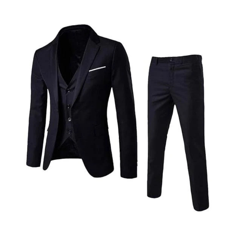 Men's Sleek Onyx Black Three-Piece Slim-Fit Suit Set