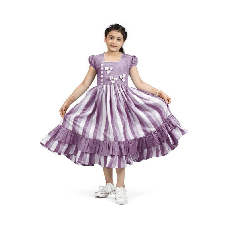 Girls' Lavender and White Striped Cotton Frock with Floral Appliqués