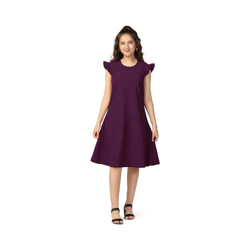 Girls' Deep Plum Crinkle-Knit Flutter-Sleeve Plissé Dress