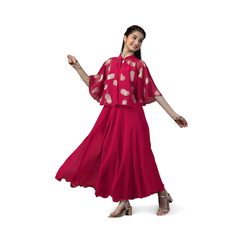 Girls' Fuchsia Pink High-Low Gown with Metallic Gold Leaf Cape Overlay