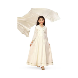 Girls' Off-White Silk Anarkali Suit with Sheer Net Dupatta