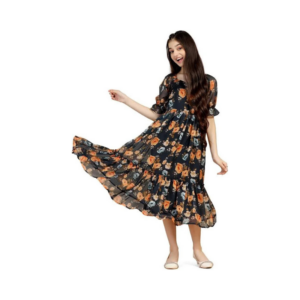 Girls' Black and Apricot Floral Georgette Ruffle Dress