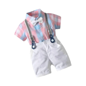 Toddler Boys' Pastel Plaid Shirt and White Suspenders Shorts Set