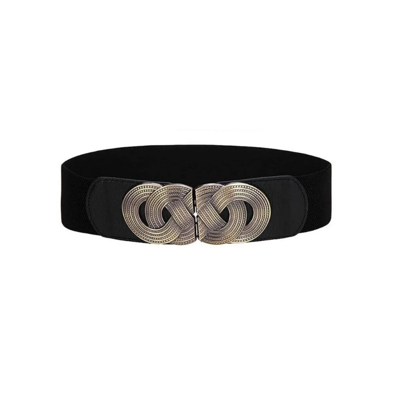 Vintage Bohemian Black Elastic Cinch Belt with Antique Bronze Celtic Knot Buckle