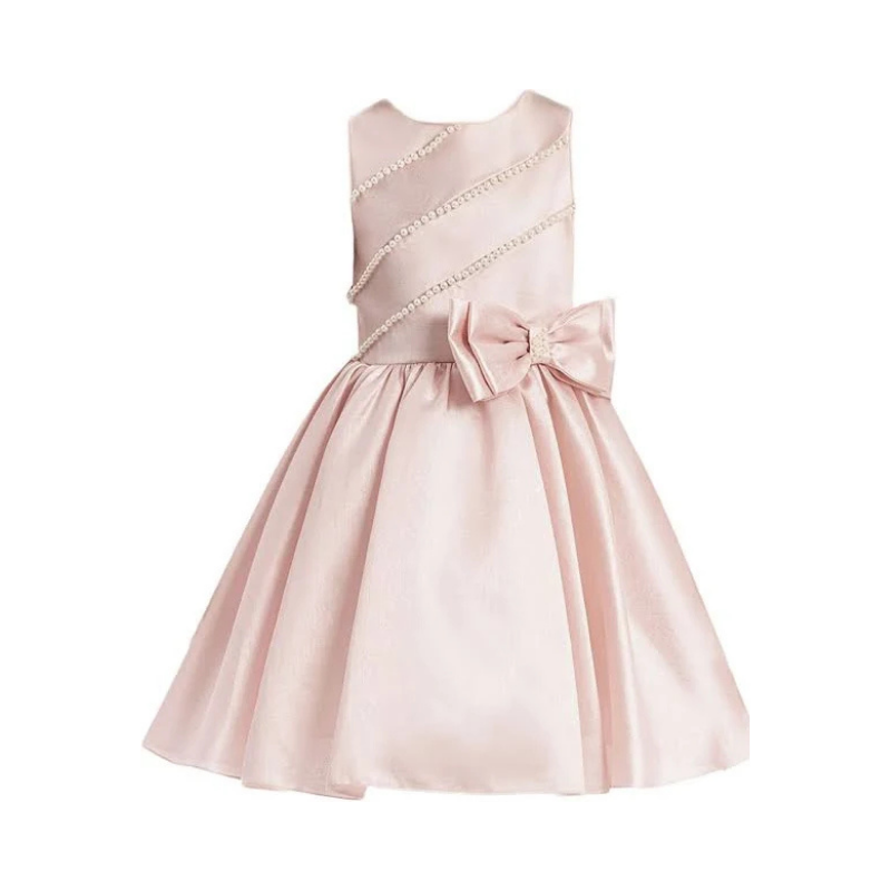 Girls' Pastel Pink Satin Party Dress with Diagonal Pearl Beading