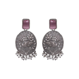 Heritage Silver-Plated Oxidized Jhumka Earrings with Pink Stone and Pearl Droplets