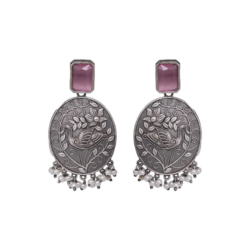 Heritage Silver-Plated Oxidized Jhumka Earrings with Pink Stone and Pearl Droplets