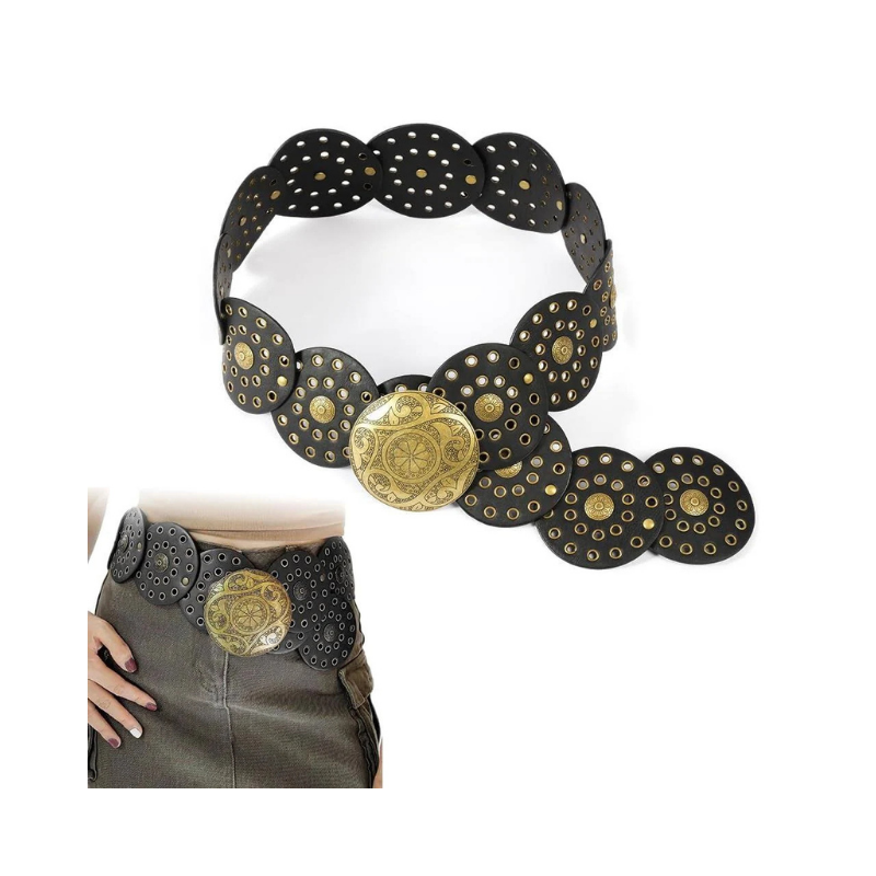 Western-Style Black Leatherette Medallion Disk Belt with Ornate Gold Buckle