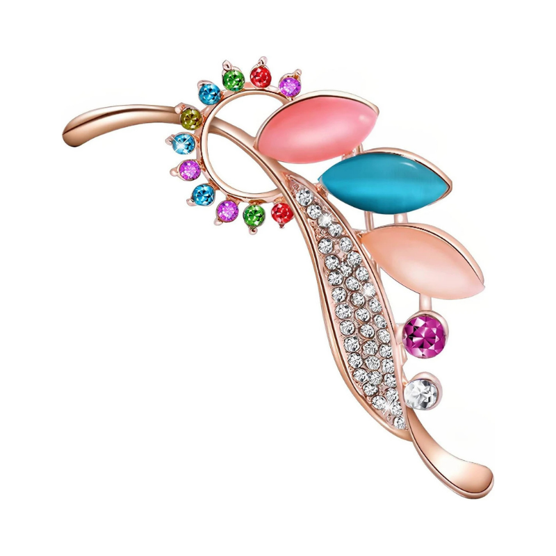 Rose Gold Leaf Branch Brooch with Colorful Marquise Stones and Crystals