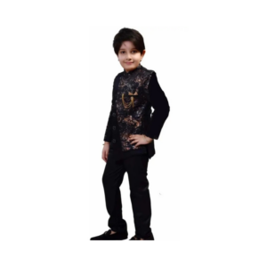 Boys' Midnight Black and Gold Jacquard Indo-Western Sherwani Set