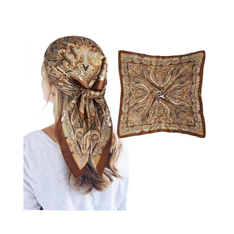 Vintage Earth-Tone Paisley Print Silk-Feel Square Head and Neck Scarf