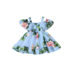 Toddler Girls' Powder Blue Rose Print Chiffon Cold-Shoulder Dress