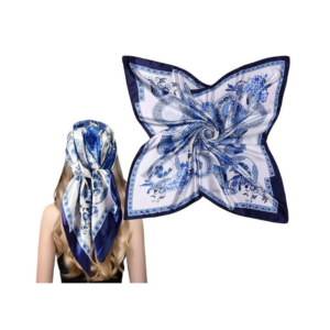 Classic Blue and White Chinoiserie Porcelain Print Silk-Feel Square Scarf