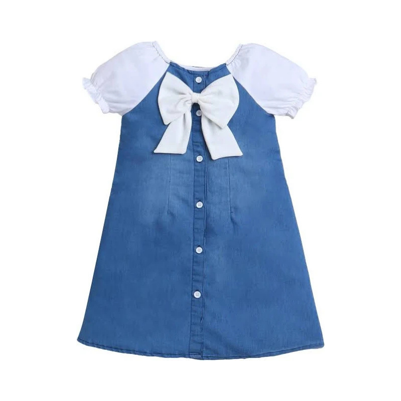 Girls' Contrast Puff-Sleeve Denim A-Line Dress with Oversized Bow