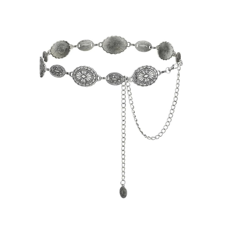 Antique Silver-Tone Engraved Western Medallion Chain Waist Belt