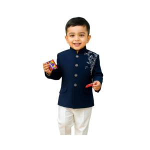 Toddler Boys' Royal Navy Blue Embroidered Bandhgala Suit Set