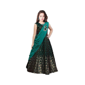 Girls' Emerald Green and Bronze Silk Saree-Style Fusion Lehenga Gown