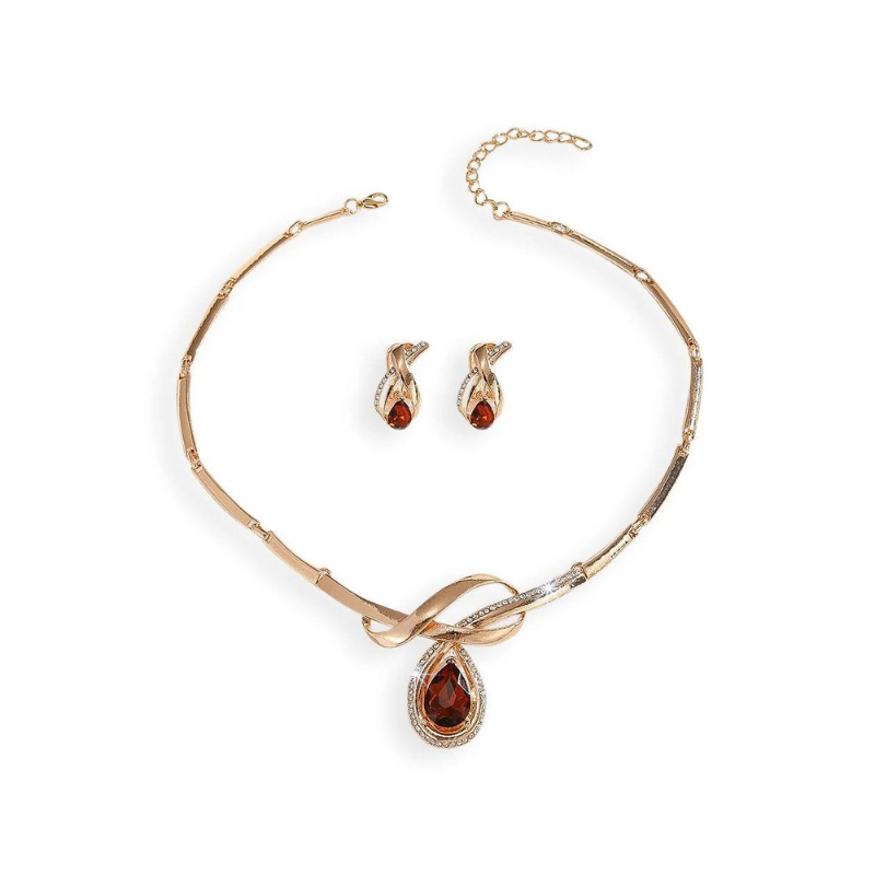 Regal Rose Gold-Tone Jewelry Set with Teardrop Amber Crystals