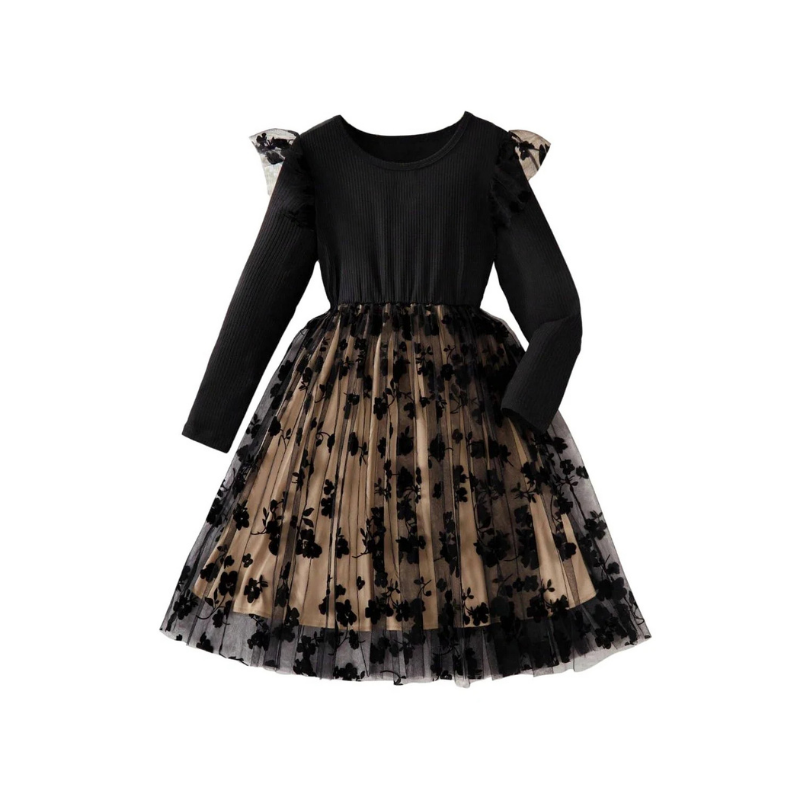 Girls' Midnight Black Ribbed Long-Sleeve Dress with Gold Floral Tulle Skirt