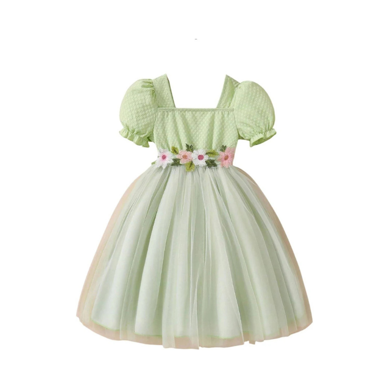 Girls' Mint Green Smocked Bodice Tulle Dress with Embroidered Daisy Belt