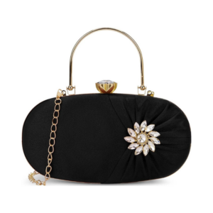 Elegant Black Satin Oval Minaudière Clutch with Crystal Sunburst Accents