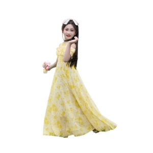 Girls' Pastel Yellow Off-Shoulder Ruffle Chiffon Maxi Dress