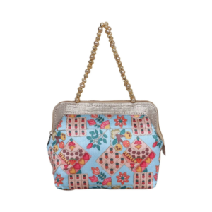 Bohemian Light Blue Brocade Patchwork Frame Bag with Beaded Handle