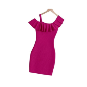 Women's Magenta Pink Ribbed One-Shoulder Ruffle Mini Dress