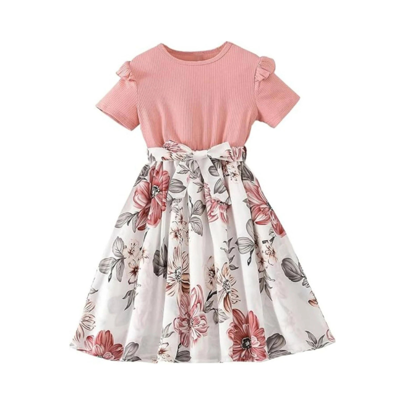 Girls' Blush Pink Ribbed Bodice Floral Tiered Party Dress
