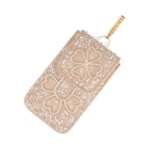 Glamorous Champagne Sequin and Pearl-Beaded Floral Phone Pouch