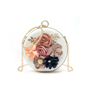 Whimsical Off-White Round Clutch Bag with 3D Satin Fabric Flowers