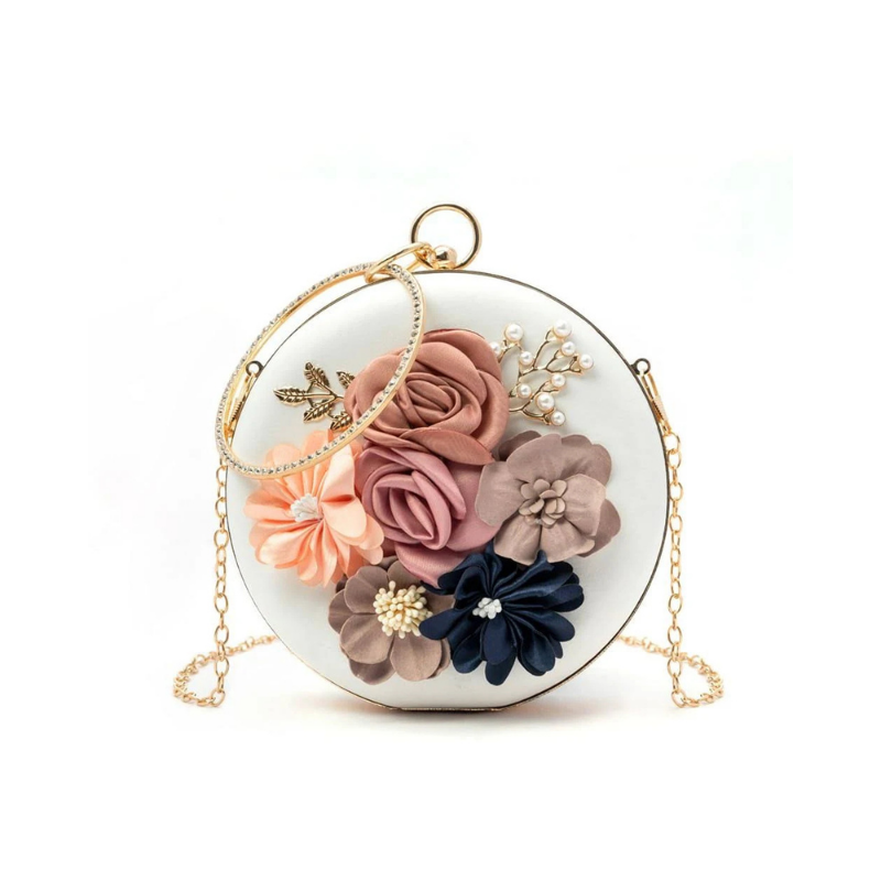 Whimsical Off-White Round Clutch Bag with 3D Satin Fabric Flowers