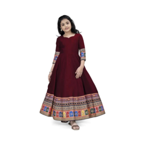 Girls' Deep Maroon Silk Anarkali Gown with Traditional Border Print