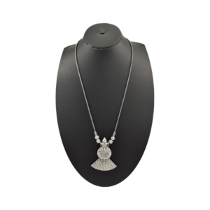 Antique Silver-Tone Oxidized Tribal Medallion Fan Pendant Necklace