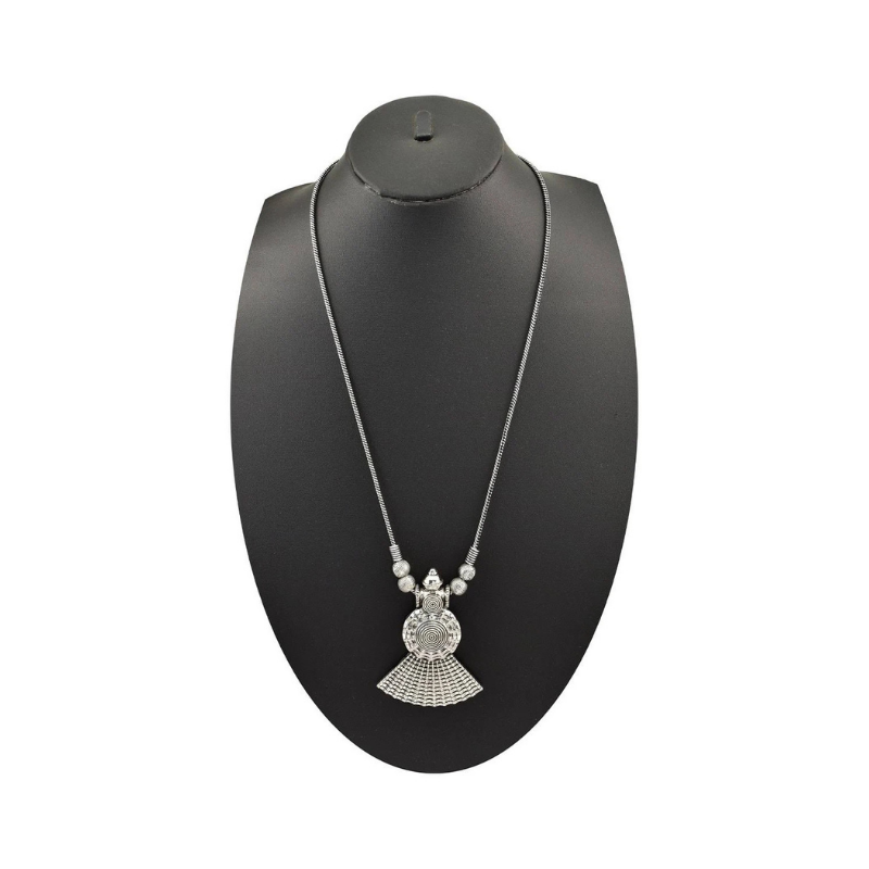 Antique Silver-Tone Oxidized Tribal Medallion Fan Pendant Necklace