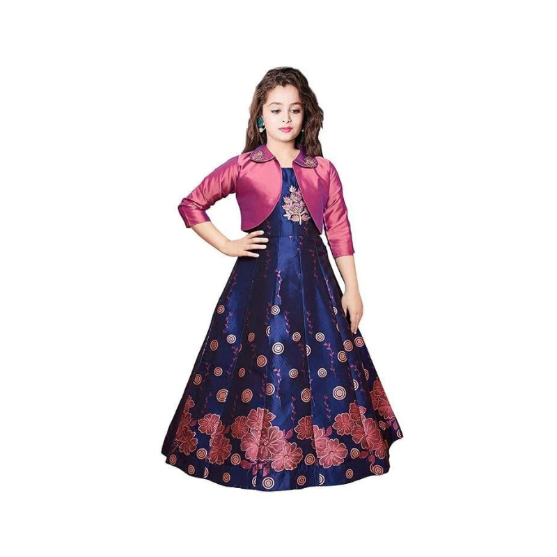 Girls' Royal Blue Silk Gown with Fuchsia Pink Cropped Jacket Set